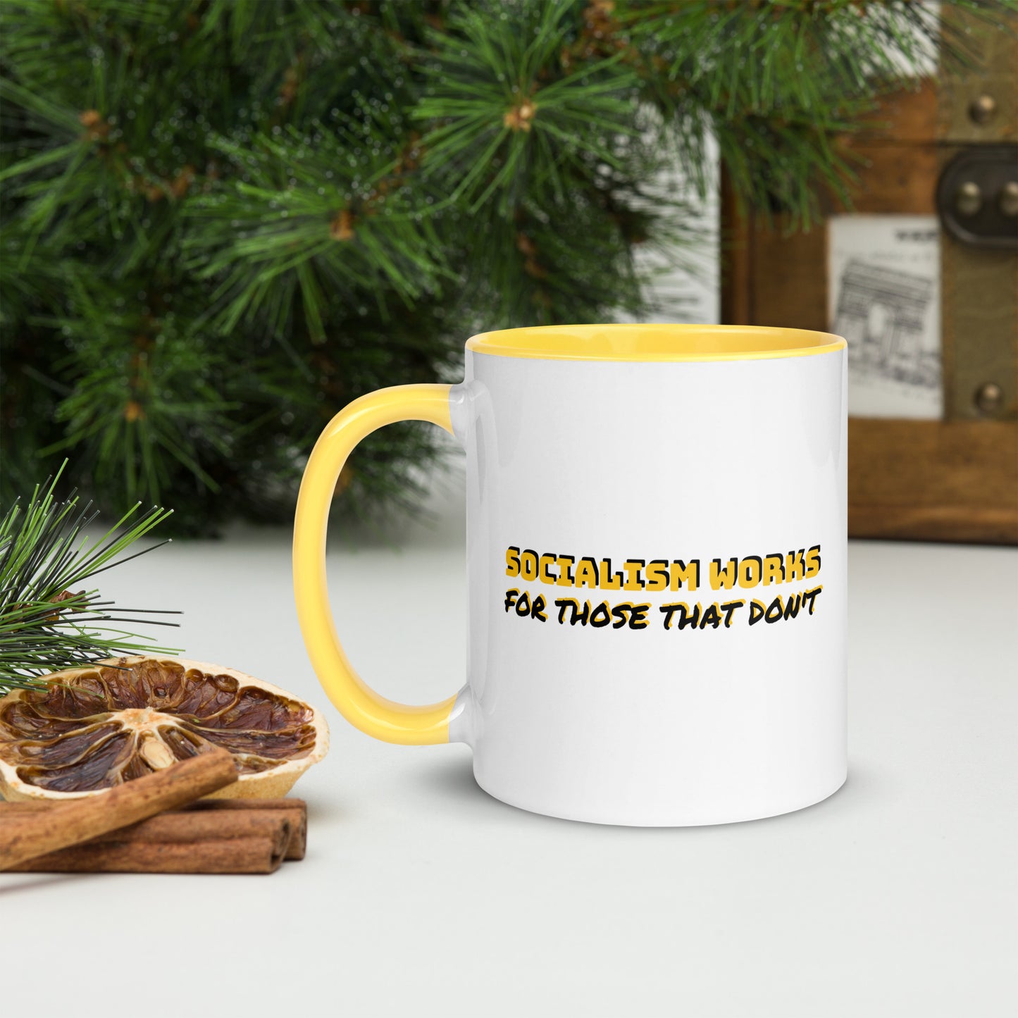 Yellow and Black Libertarian Anti-Socialist Coffee Mug - Socialism Works for Those That Don't